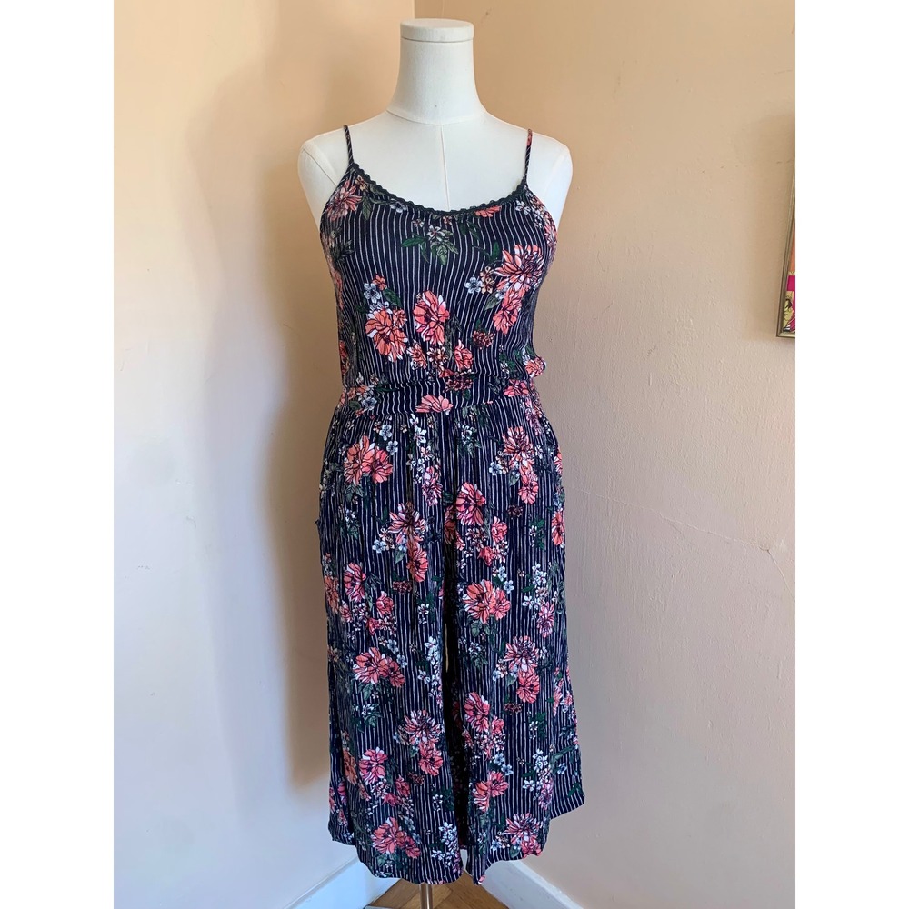 Derek Heart Floral Striped Sleeveless Jumpsuit Black Pink Medium Pockets